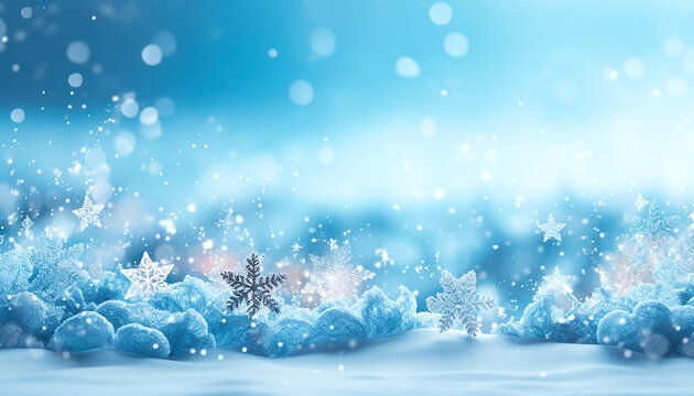 Blue winter background with snowflakes in snow and bokeh.