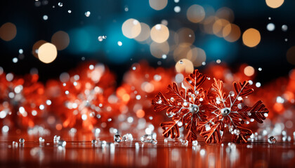 Red background with snowflakes and bokeh.