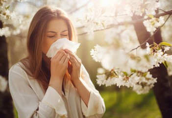 Symptom pollen allergy ill. Woman sick flower nasal disease. Generate Ai - obrazy, fototapety, plakaty