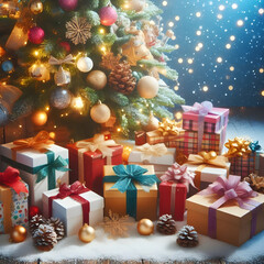 Naklejka na ściany i meble Generative AI Christmas tree surrounded with presents