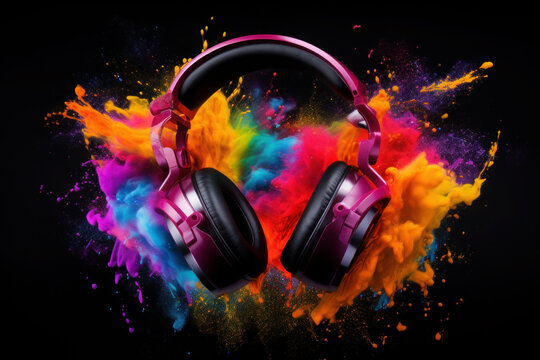 headphones for listening to music. bright splash and splashes of paint. colorful explosion.