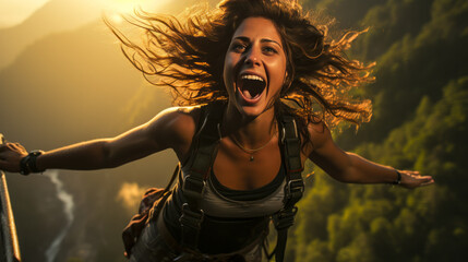 Woman bungee jumping at high speed with motion blur.