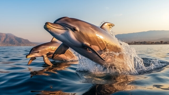 Dolphins jumping out of the water at sunset. Scientific name: Tursiops truncatus. Dolphins in the sea. 
