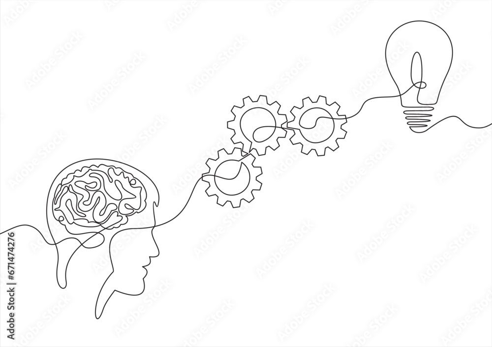 Poster strategic thinking and planning concept with head line and lightbulb with gears.continuous line