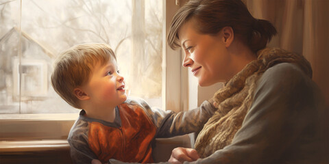 young boy with down syndrome with his mother at home