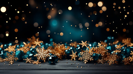Blue and gold background with bokeh snowflakes.