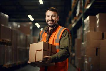 man with orange vest in warehouse holding box and a carton - obrazy, fototapety, plakaty