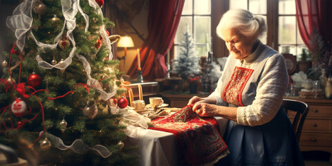 old woman embroidering at Christmas time - obrazy, fototapety, plakaty