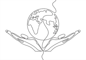 Single one-line drawing of two hands protecting the preservation of the earth. Earth day concept. continuous line draw design graphic vector illustration