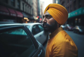 Sikh adult yellow cloth taxi driver. City drive trip guy image. Generate AI