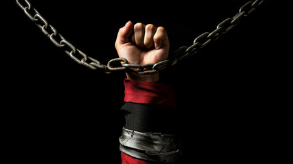 independence and war hand holding chains and flag of Palestine