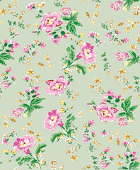 All over yellow and pink vector flowers pattern on green background 
