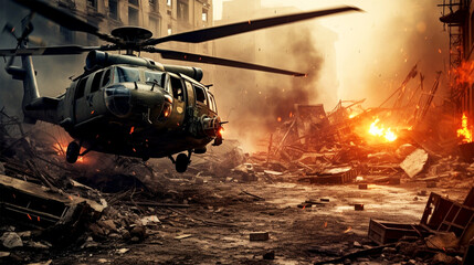military forces helicopters in destroyed city - obrazy, fototapety, plakaty