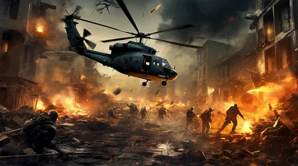 Papier Peint photo Noir military forces helicopters in destroyed city