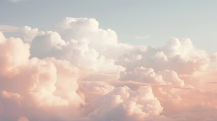 Clouds background in soft, warm, pastel and neutral colors. Aesthetic minimalism wallpaper for social media content. View of sky above clouds. Serene, calming backdrop. Tranquility and simplicity. - obrazy, fototapety, plakaty