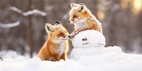 little fox making a snowman - obrazy, fototapety, plakaty