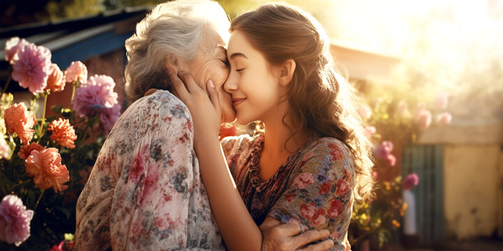 young girl kissing her grandmother in a garden
