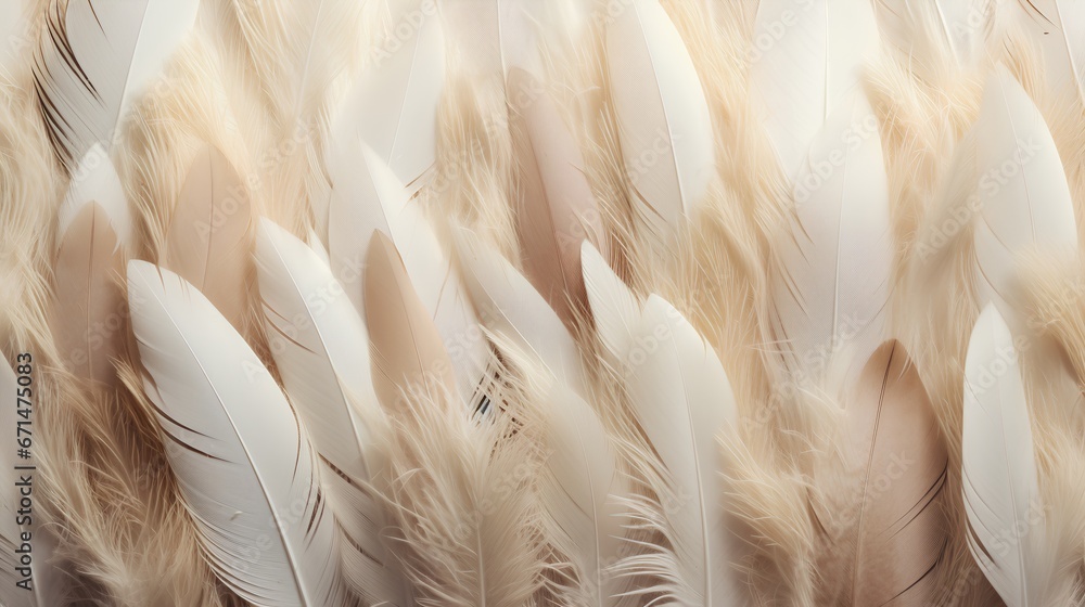 Poster feathers background with beige colors blend and aesthetic soft style. fragile and sensitive elements