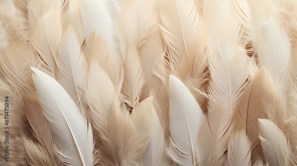 Poster feathers background with beige colors blend and aesthetic soft style. fragile and sensitive elements
