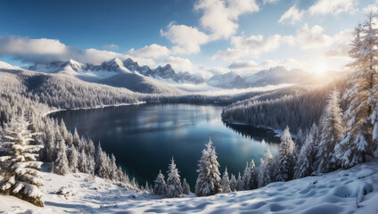 Fototapeta na wymiar Beautiful highland blue lake among snow mountains. Generative Ai