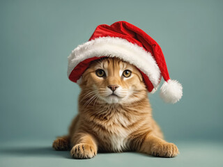 cat in a Christmas hat, Merry Christmas greeting card. Generative Ai