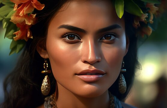 Closeup Hawaii female portrait hyper realism. Travel skin beauty model. Generate Ai