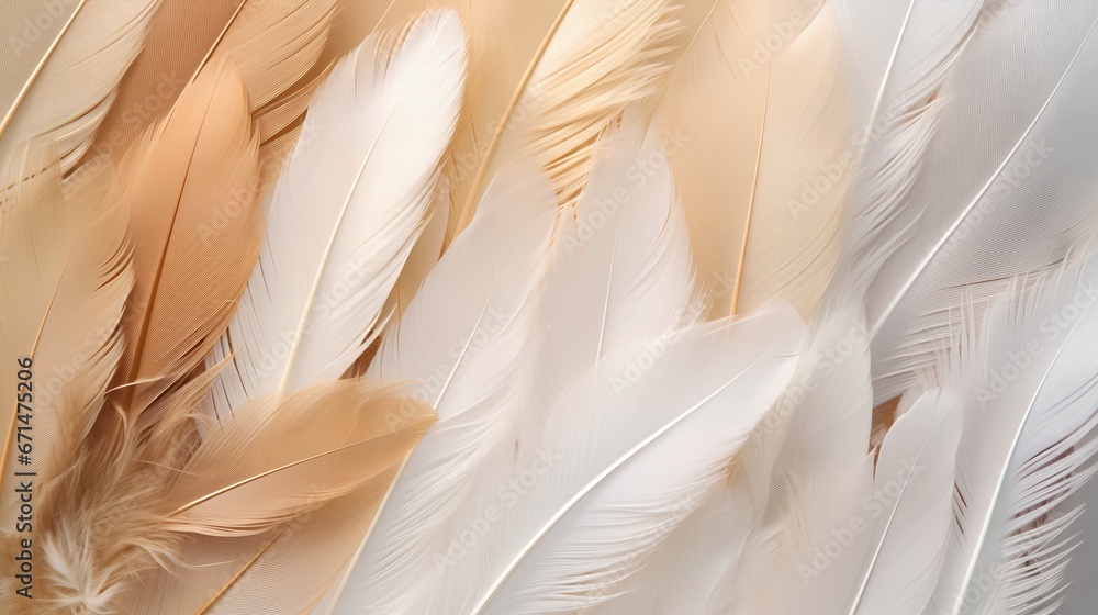 Poster feathers background with beige colors blend and aesthetic soft style. fragile and sensitive elements