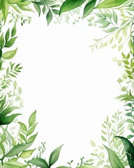 Watercolor leafy frame border empty page white background. Copy space