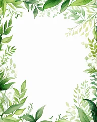 Foto op Canvas Watercolor leafy frame border empty page white background. Copy space © Mas