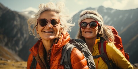 Two women, 50 years old, hiking backpacks, trekking in the mountains