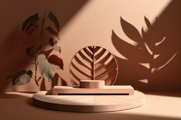 Wooden Podium Display with Sleek Shadow Composite - obrazy, fototapety, plakaty