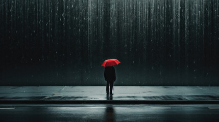 Rainy day, man standing on road - obrazy, fototapety, plakaty