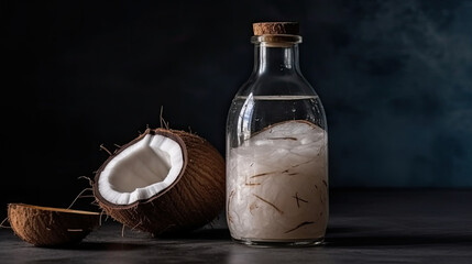 A bottle of coconut oil next to a coconut shell
