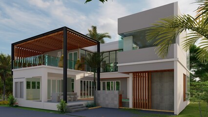 3D model villa with swimming pool and interior decoration with living room. 3 story house and outside garden, modern style, beach house, mansion.