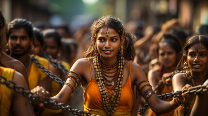 Devotees with pierced skin parading at Thaipusam festival, Malaysia.