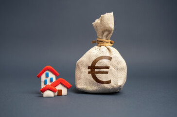 Houses and euro money bag. Make a deal. Property Insurance. Taxes. Community budget. Financial support. Housing stock and infrastructure. Profit. Real estate investment.
