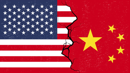 America –China proxy conflict with flags and cracked texture