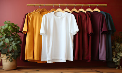 Close-up of T-shirts hanging on the wall.