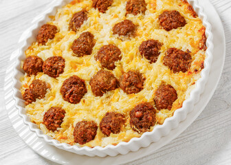 Meatball Hash Brown Casserole in baking dish