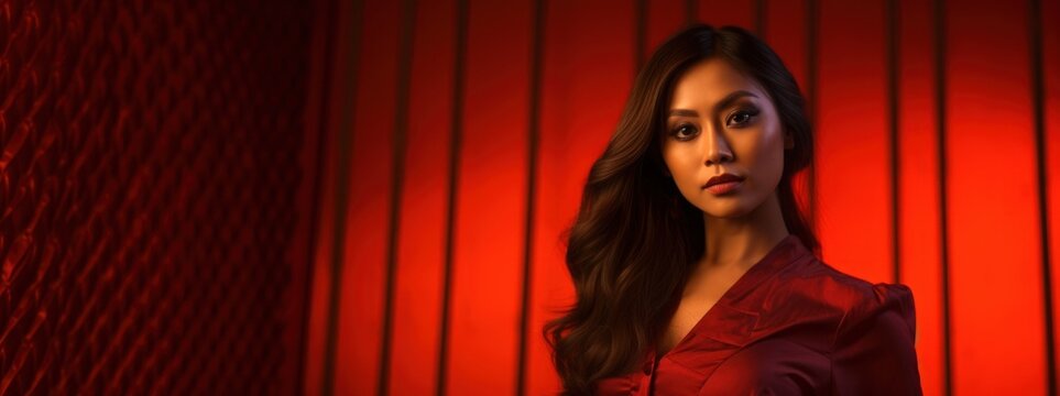 Asian Woman in the 70s Fashion Style standing against a Red Background with Empty Copy Space for Text - Wallpaper Asian Girl 70s - Raw and Sensual Asian 70s Woman created with Generative AI Technology