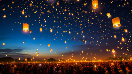Yi Peng Lantern Festival under Chiang Mai's night sky. - obrazy, fototapety, plakaty