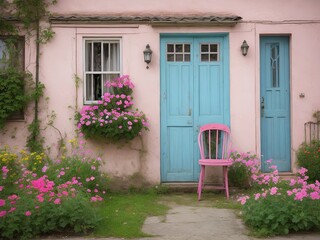 Fototapeta na wymiar Pink chairs with flowers. Generative Ai