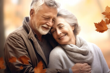 An elderly couple, a man and a woman, hugging in an autumn park. They look at each other with a loving gaze. Old people on a walk. Relationships in old age. Love and romance.