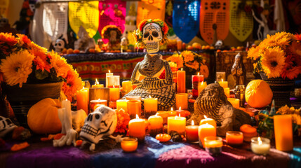 Colorful altars for Día de Los Muertos in Mexico.