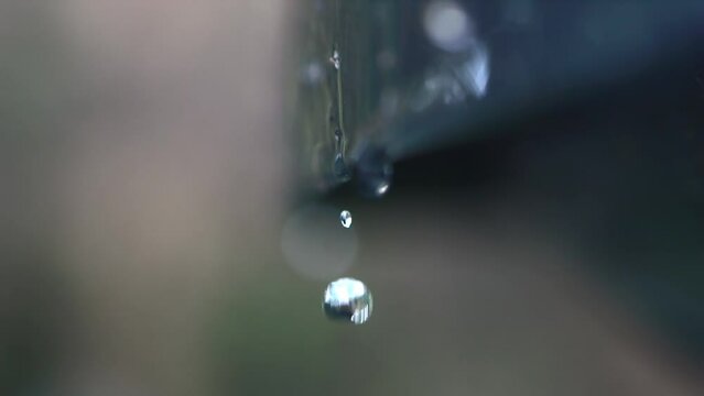 Water droplets trickle down a roof in slow-mo. Rainy atmosphere with fall hues.