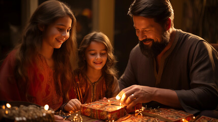 A joyful family exchanging Lohri greetings and gifts
