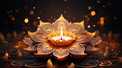 Happy Diwali festival with diya oil lamp and floral mandala on night blurred bokeh background. Indian colorful traditional festival of lights celebration. Generative AI