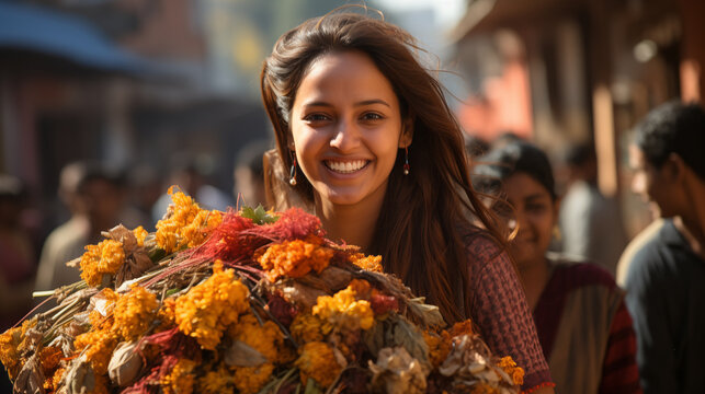 A woman carrying a bundle of freshly harvested crops on Lohri