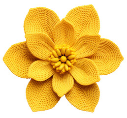 Yellow knitted flower with beads in the middle. Isolated on a transparent background.