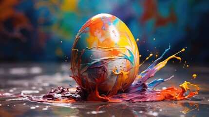 Bright colorful Easter egg explosion. Splashes of paint on an Easter egg